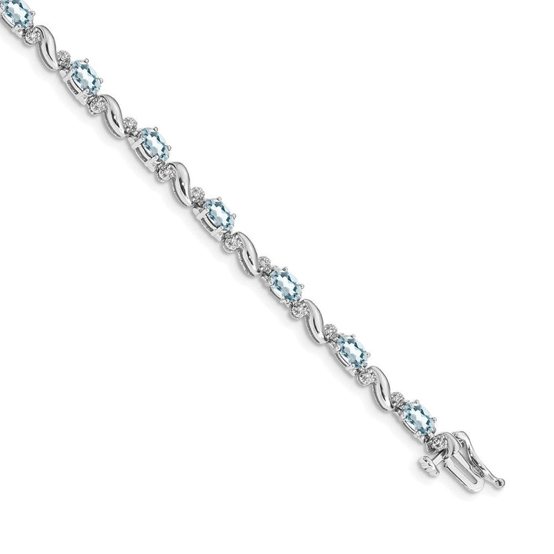 14K Weißgold Komplett Diamant und Oval Aquamarin Gebogen Glieder 7 Zoll Armband