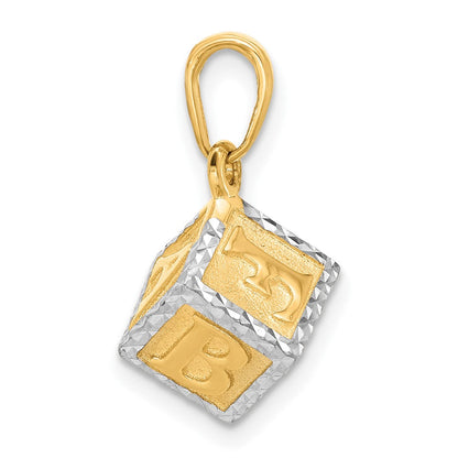 14K Gelbgold und Rhodium diamantgeschliffener 3-D Baby-Alphabet-Würfel-Anhänger