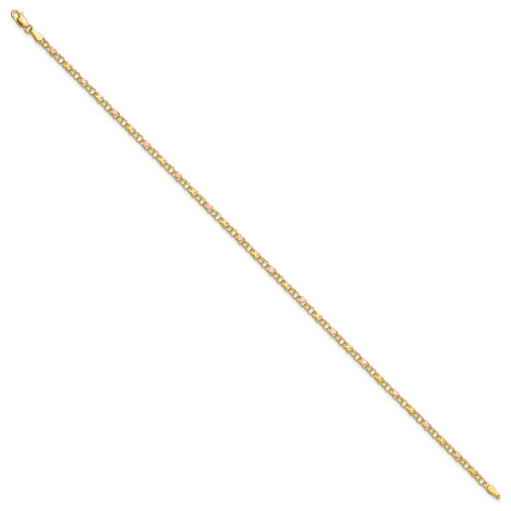 14K Bicolor Gold Poliert und Satiniert -beschichtet X-and-heart 9 Zoll Fußkettchen