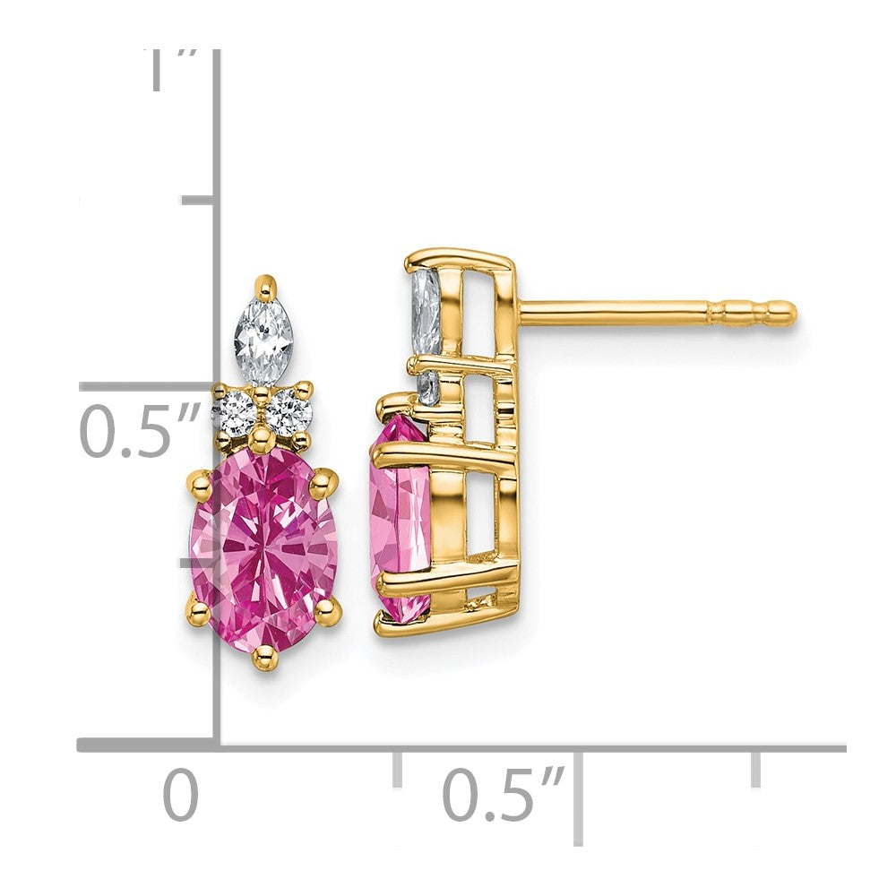 14K Gelbgold Ohrstecker mit Diamanten und 7x5 ovalem synthetischem rosa Saphir (Oktober-Geburtsstein)