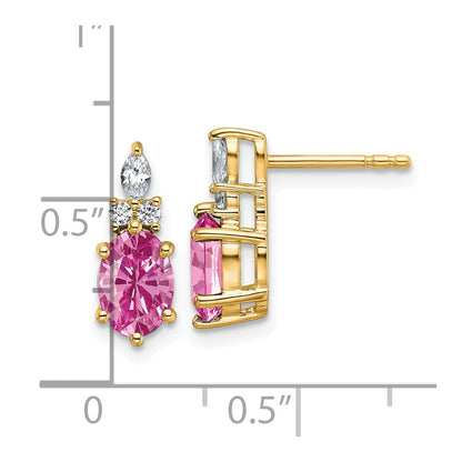 14K Gelbgold Ohrstecker mit Diamanten und 7x5 ovalem synthetischem rosa Saphir (Oktober-Geburtsstein)