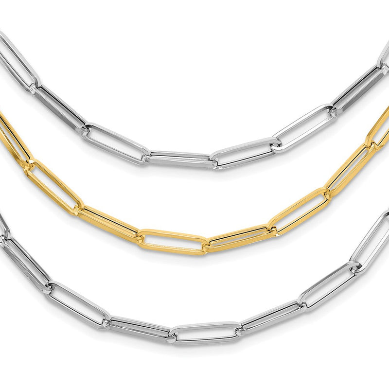 14K Bicolor Gold Bicolor Poliert Fantasie Büroklammer Glieder 3-strand Latz 18.25 Zoll Halskette