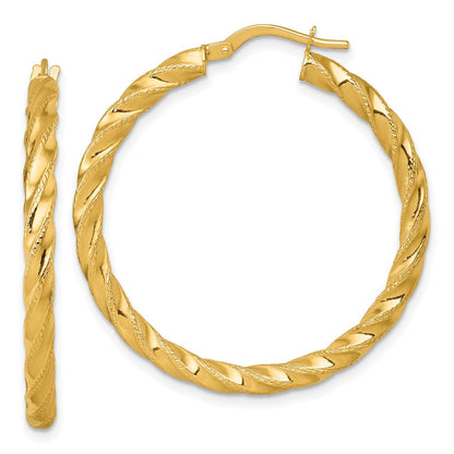 14K Gelbgold Poliert Diamantiert Gedreht 3.00 X 35mm Röhre Creolen