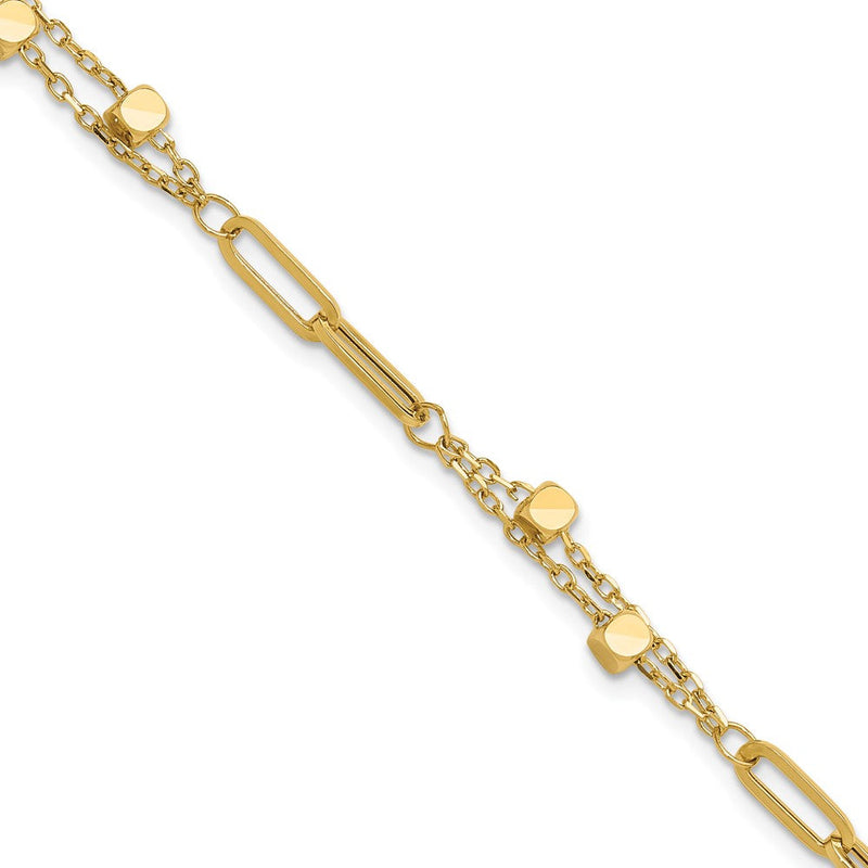 14K Gelbgold Poliert Quadratisch Perlen und Büroklammer Glieder 7 Zoll Armband Plus 0.5 Zoll Verlängerung