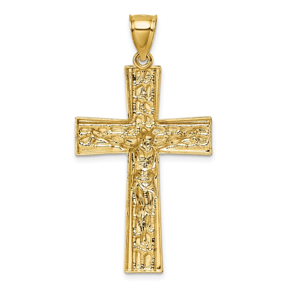 14K Gelbgold und Rhodium polierter, diamantgeschliffener Nugget-Kruzifix-Anhänger