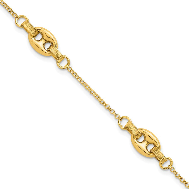 14K Gelbgold Poliert und Strukturiert 10.6mm Greek Key Geätzt Glieder Gliederarmband Plus Verlängerung