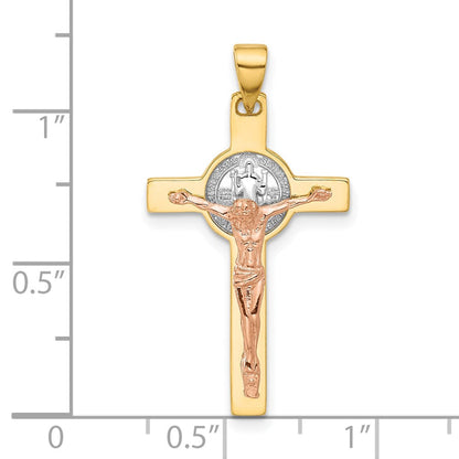 14K Bicolor Gold Kruzifix- und Sankt-Benedikt-Anhänger, zweifarbig mit Rhodium