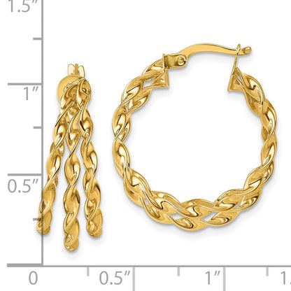 14K Gelbgold Poliert Drei Strang Kreis Gedreht Creolen