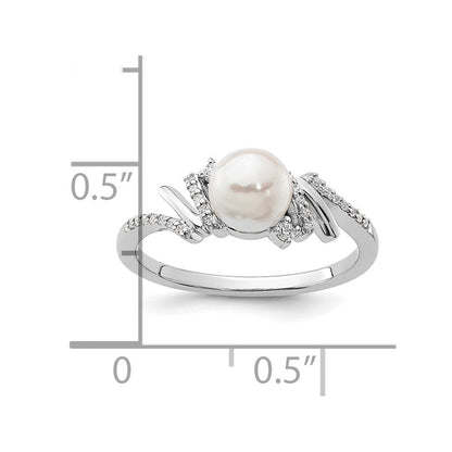 14K Weißgold Ring, poliert, mit 0,1K Diamant und weißer Süßwasser-Zuchtperle, Größe 7