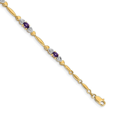 14K Gelbgold Komplett Diamant und Oval Amethyst Herz Design 7 Zoll Armband