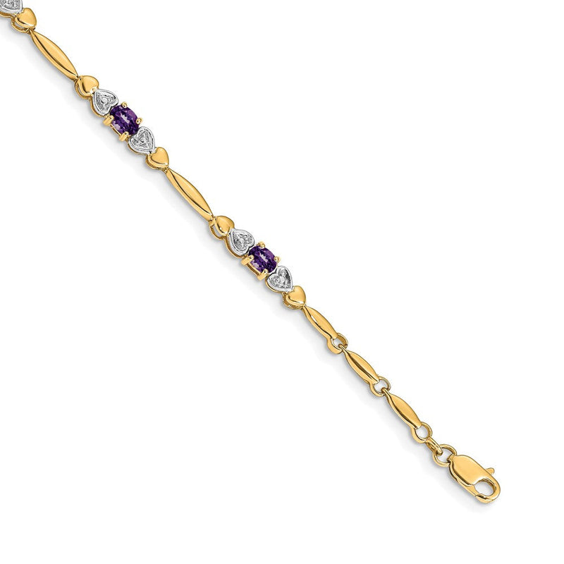 14K Gelbgold Komplett Diamant und Oval Amethyst Herz Design 7 Zoll Armband