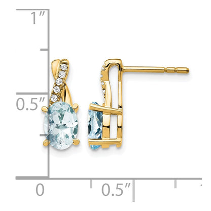 14K Gelbgold Ohrstecker mit ovalem 7x5 mm März-/Aquamarin-Stein und Diamanten