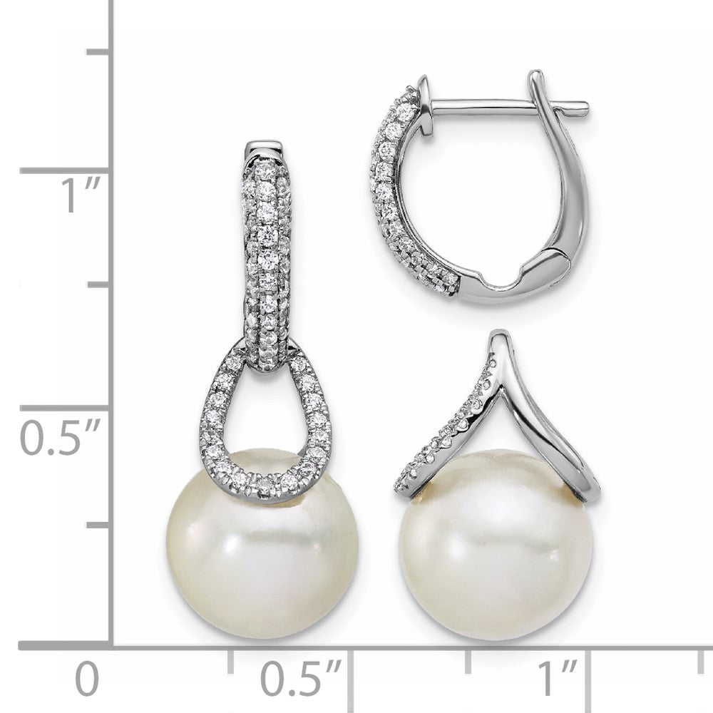 14K Weißgold Creolen mit klappbarem Scharnier, 10-11 mm weißen runden Süßwasser-Zuchtperlen, 0,41 ct. Diamanten und abnehmbaren Ohrhängern