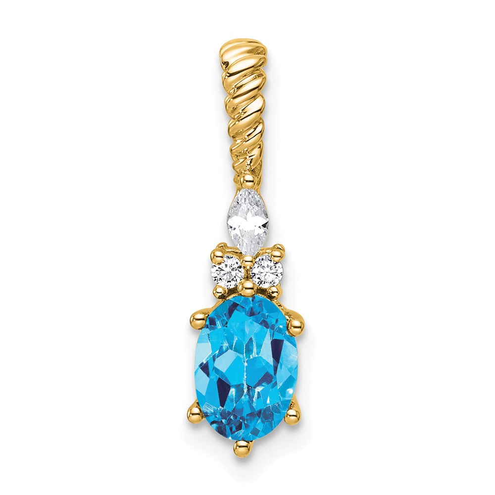 14K Gelbgold Diamant und 7x5 Oval December/ Blautopas Gedreht Kette Anhänger