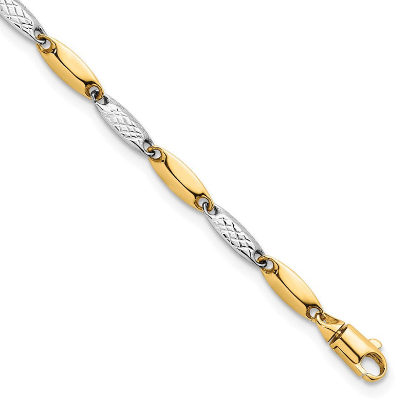 14K Bicolor Gold Bicolor Poliert und Strukturiert Fantasie Marquise-shaped Glieder 7.5 Zoll Armband