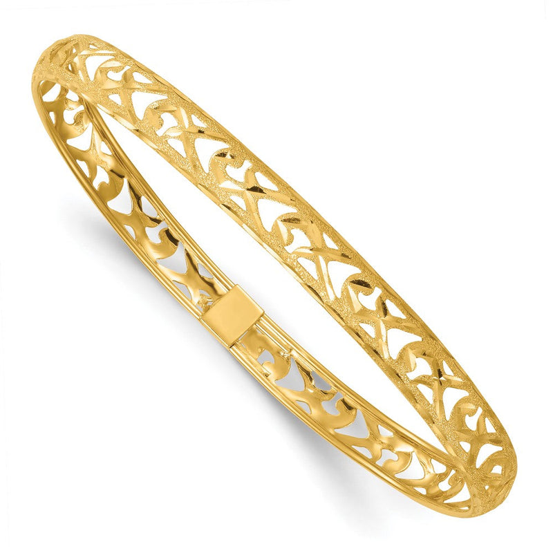 14K Gelbgold Poliert Lasergraviert und Diamantiert 6.15mm Fantasie Durchbrochen Design Flexibel Oval Armreif Armband