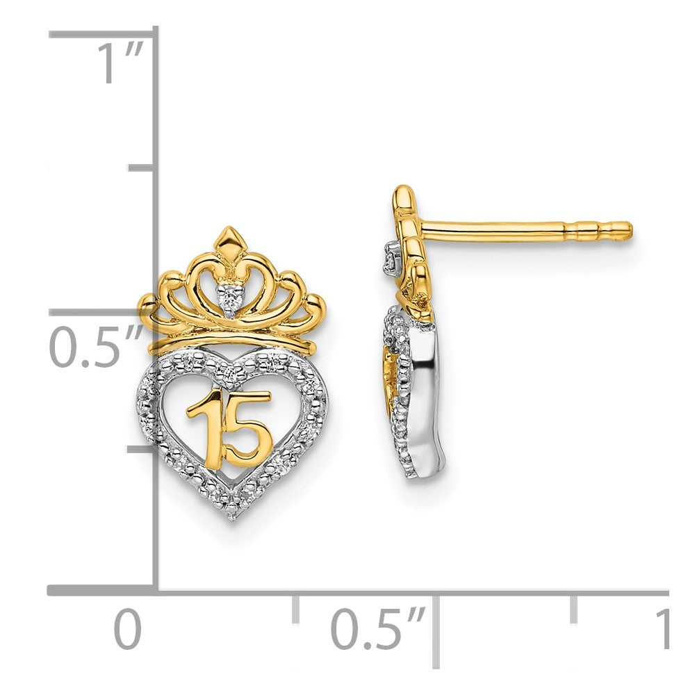 14K Zweifarbige Goldene Zweifarbig Polierte 0,15K Diamant Quinceañera 15 Herz/Krone Ohrstecker