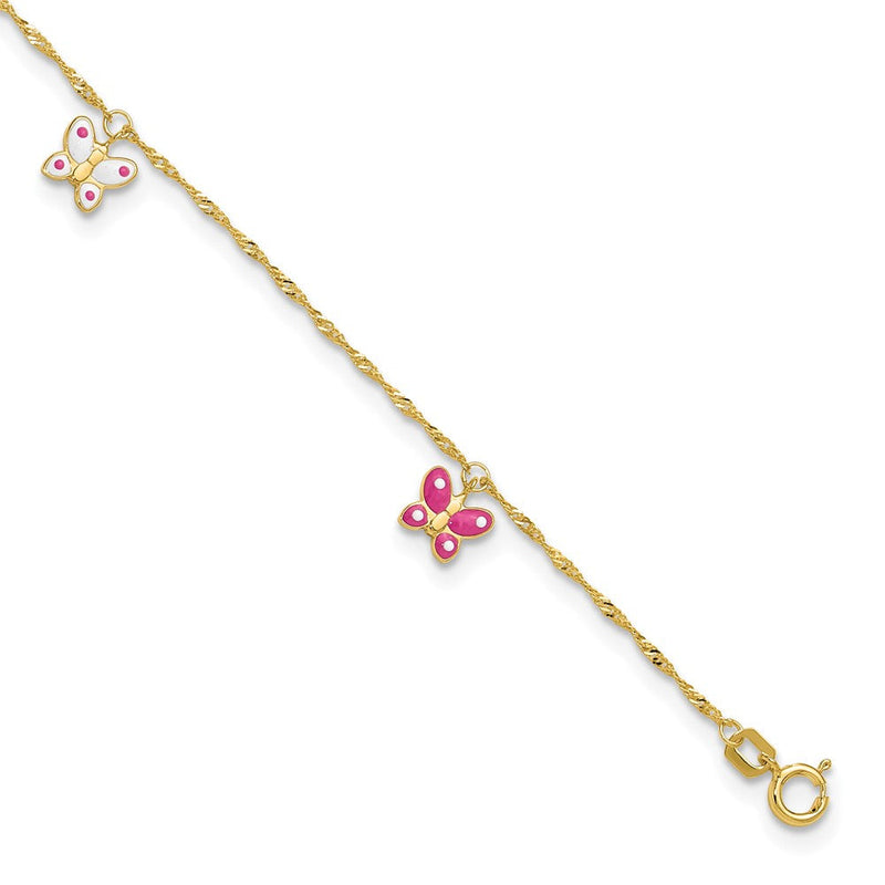 14K Gelbgold Rosa und Emailliert Schmetterling Dangles 9 Zoll Plus 1 Zoll Verlängerung - Total 10 Zoll Fußkettchen