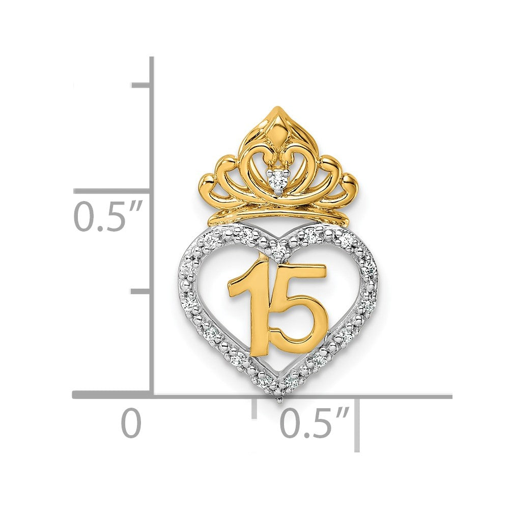 14K Bicolor Gold Bicolor 1/15 Karat Diamant Quinceañera 15 Herz mit Krone Kette Anhänger