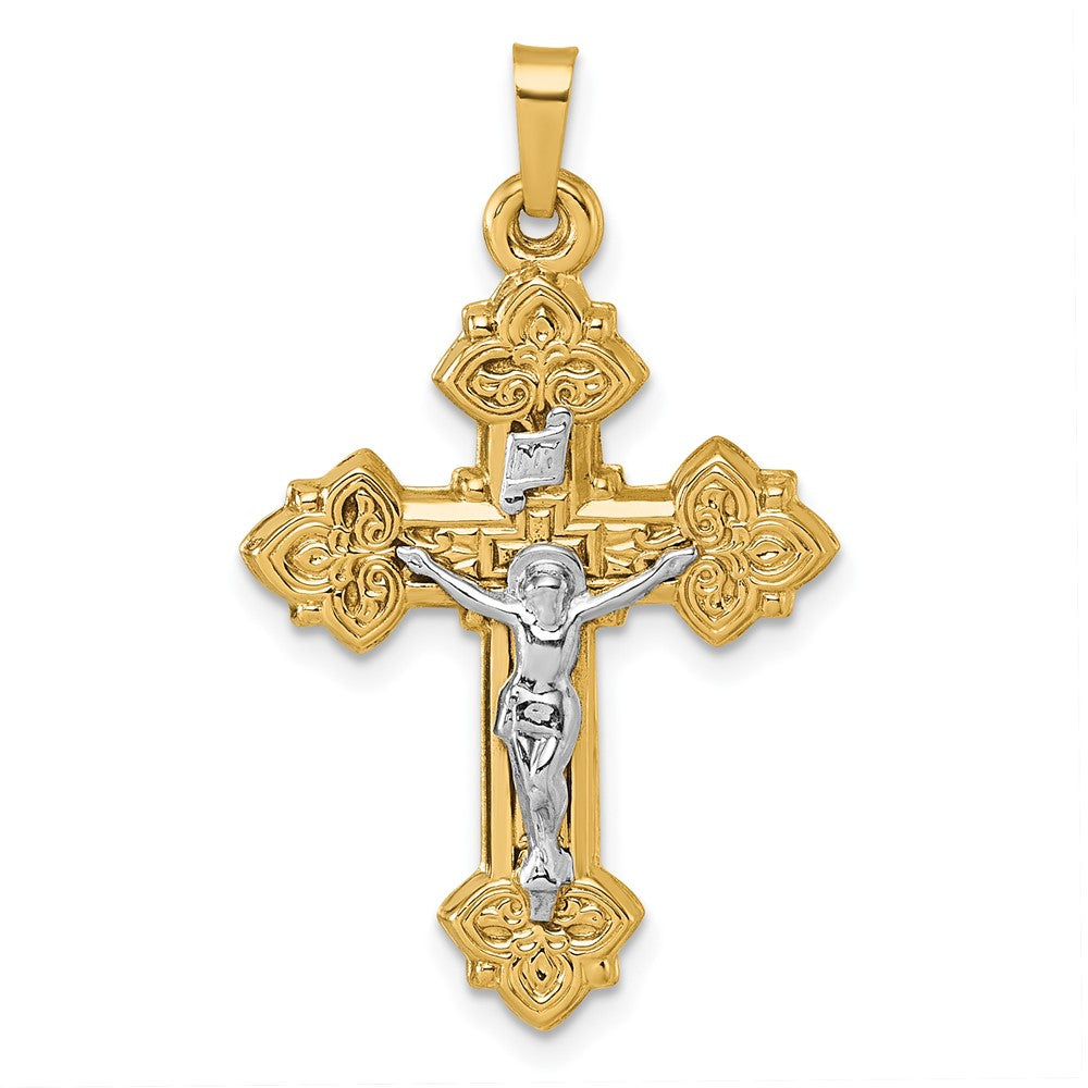 14K Gelbgold mit Rhodium Poliert Fleur De Lis Inri Kruzifix Kreuz Anhänger