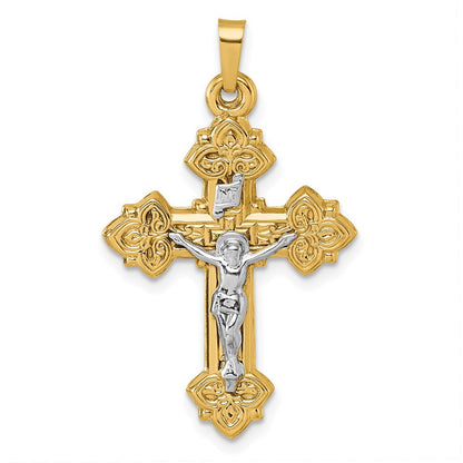 14K Gelbgold mit Rhodium Poliert Fleur De Lis Inri Kruzifix Kreuz Anhänger