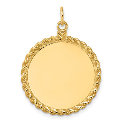 14K Gelbgold Schlicht.013 Stärke Rund Gravierbar 24.9mm Plättchen mit Kordel Kante Charm