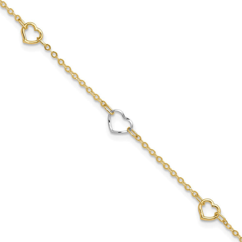 14K Bicolor Gold Bicolor Poliert Offen Herzen 5-station 9 Zoll Plus 1 Zoll Verlängerung - Total 10 Zoll Fußkettchen