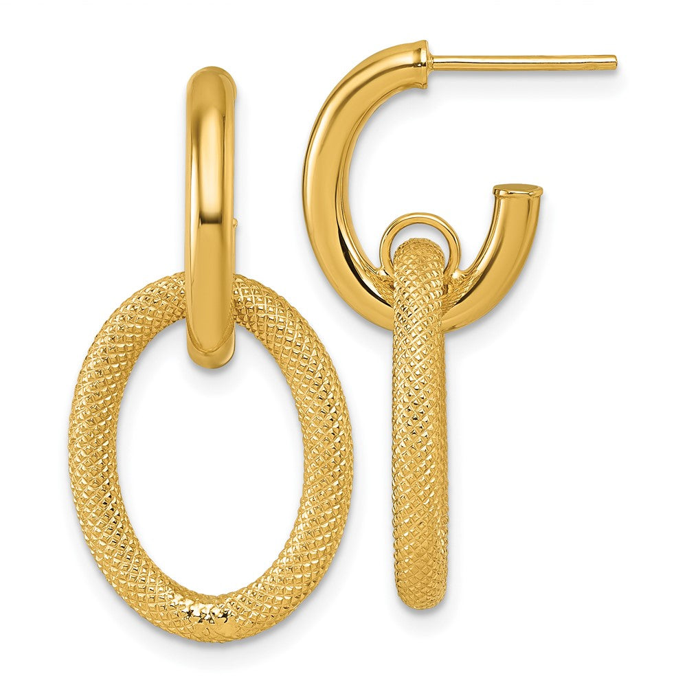 14K Gelbgold Poliert und Strukturiert Oval Hängend C-hoop Ohrstecker