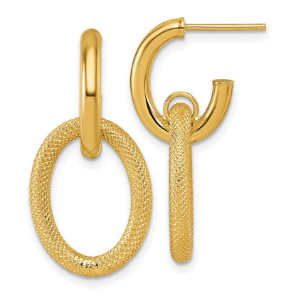 14K Gelbgold Poliert und Strukturiert Oval Hängend C-hoop Ohrstecker