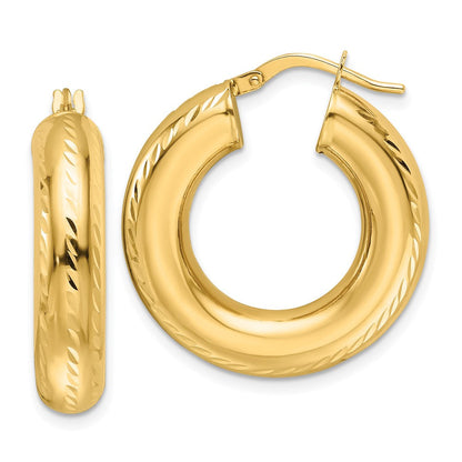 14K Gelbgold 6x27mm Poliert Diamantiert Rund Röhre Creolen