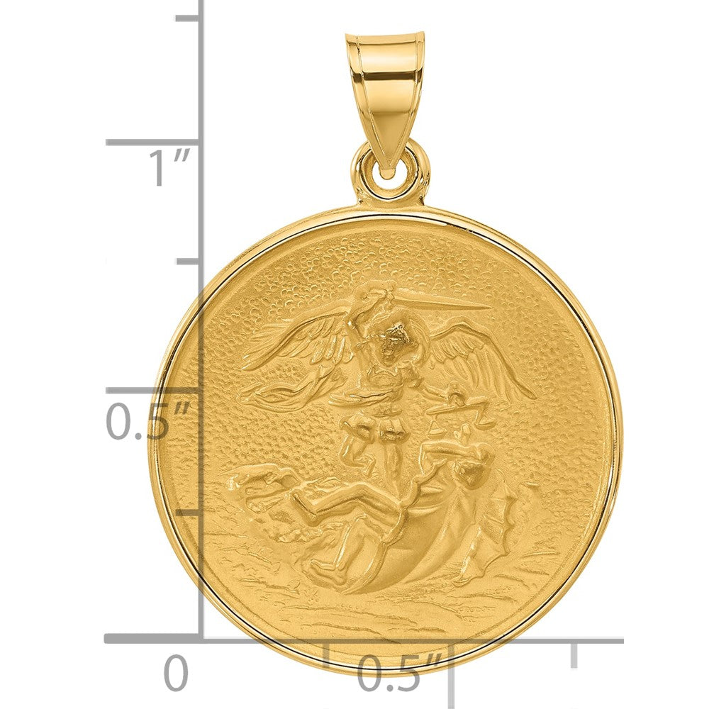14K Gelbgold Poliert und Satiniert Massiv Groß St. Michael Medaille Rund Anhänger