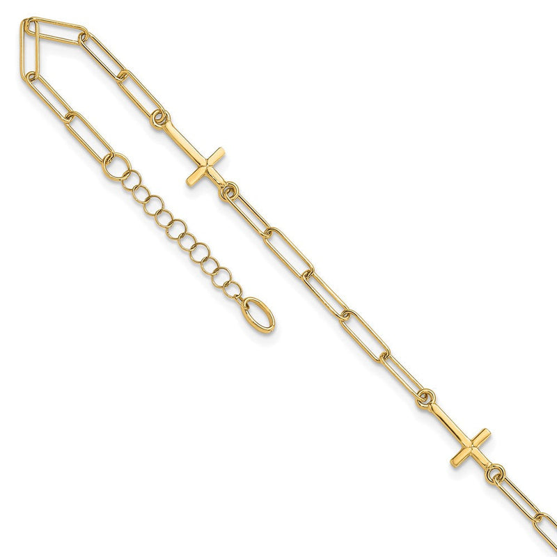 14K Gelbgold Kreuz und Büroklammer Glieder 3-station 9 Zoll Plus 1inch Verlängerung - Total 10 Zoll Fußkettchen
