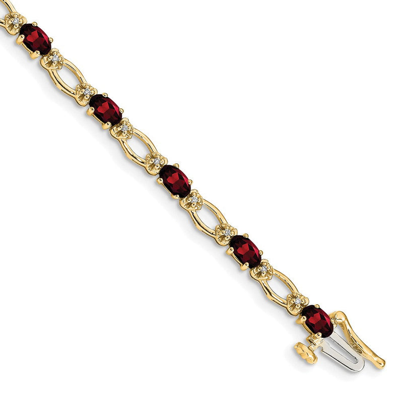 14K Gelbgold Komplett Diamant und Oval Granat Herz Akzente 7 Zoll Armband