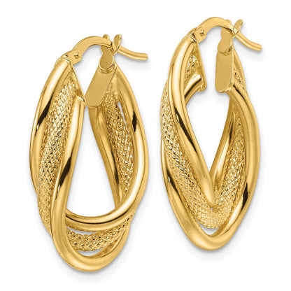 14K Gelbgold Poliert Strukturiert & Intertwined Oval Creolen