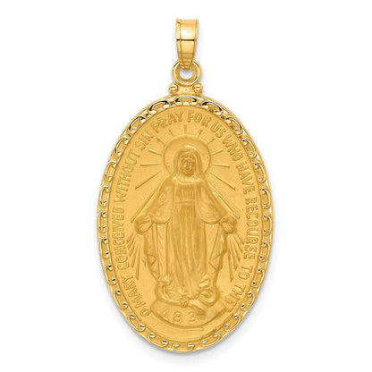 14K Gelbgold Poliert und Satiniert Massiv Wundertätig Medaille Oval Anhänger
