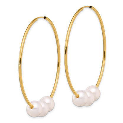 14K Gelbgold 8-9mm Rund Süßwasser Zucht 3-pearl Endlos Creolen