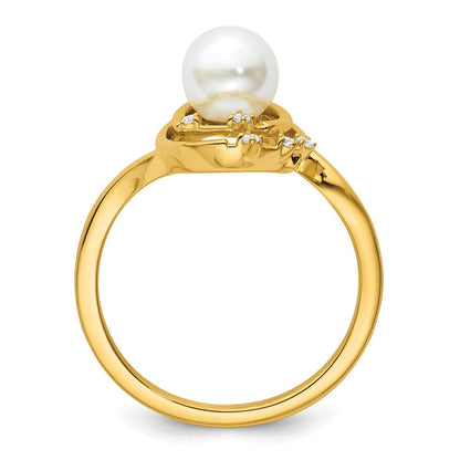 14K Gelbgold polierter Ring mit Diamant, 0,05K, und ovalen Süßwasserzuchtperlen, Größe 7