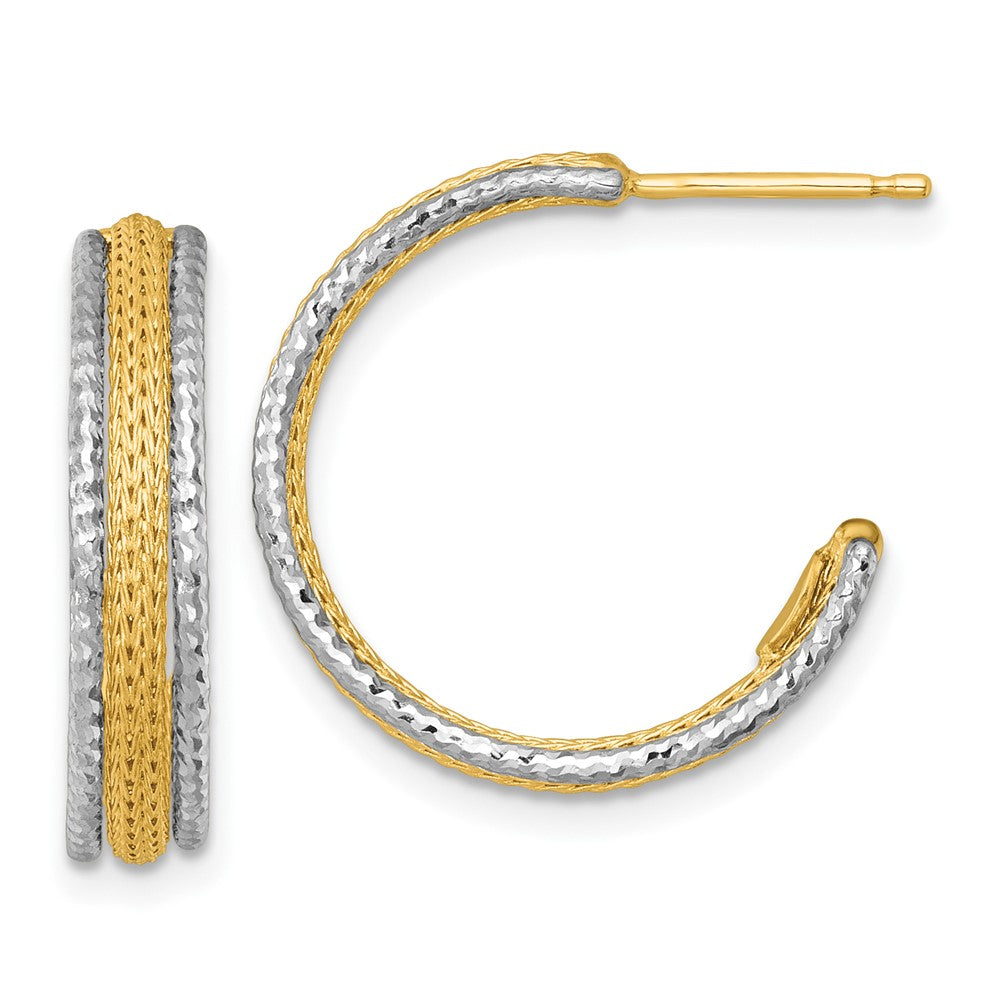 14K Bicolor Gold Strukturiert Geflochten 4mm X 20mm J-hoop Ohrstecker
