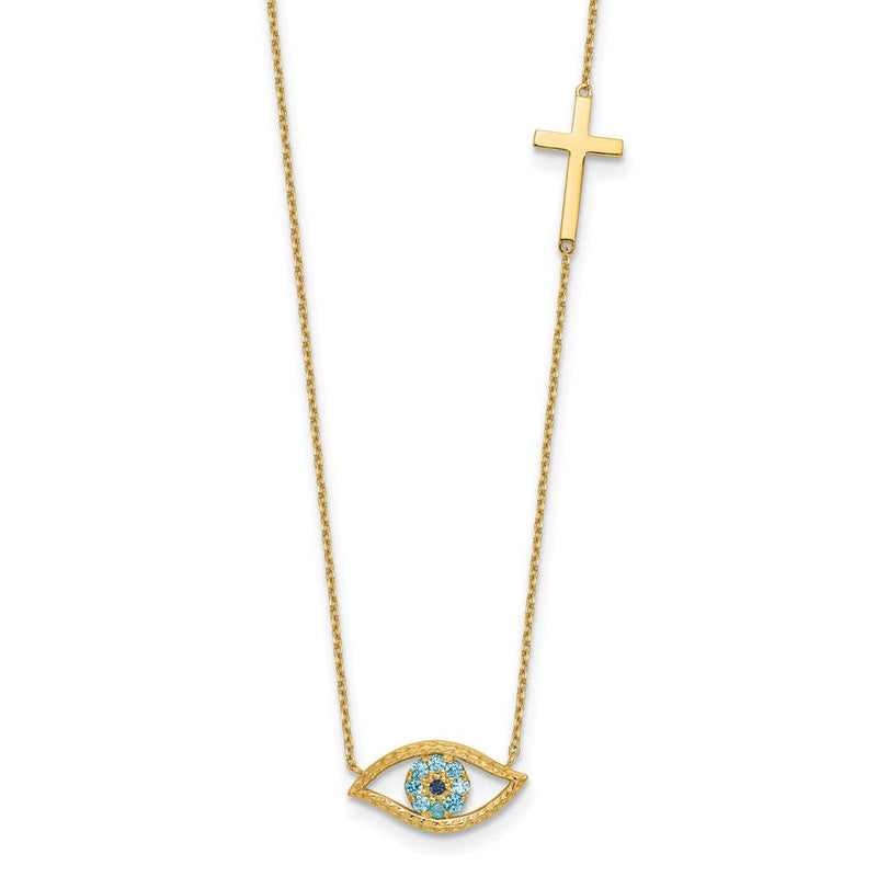 14K Gelbgold Poliert Blau Zirkonia Böse Auge und Kreuz 18 Zoll Halskette Plus 2 Zoll Verlängerung