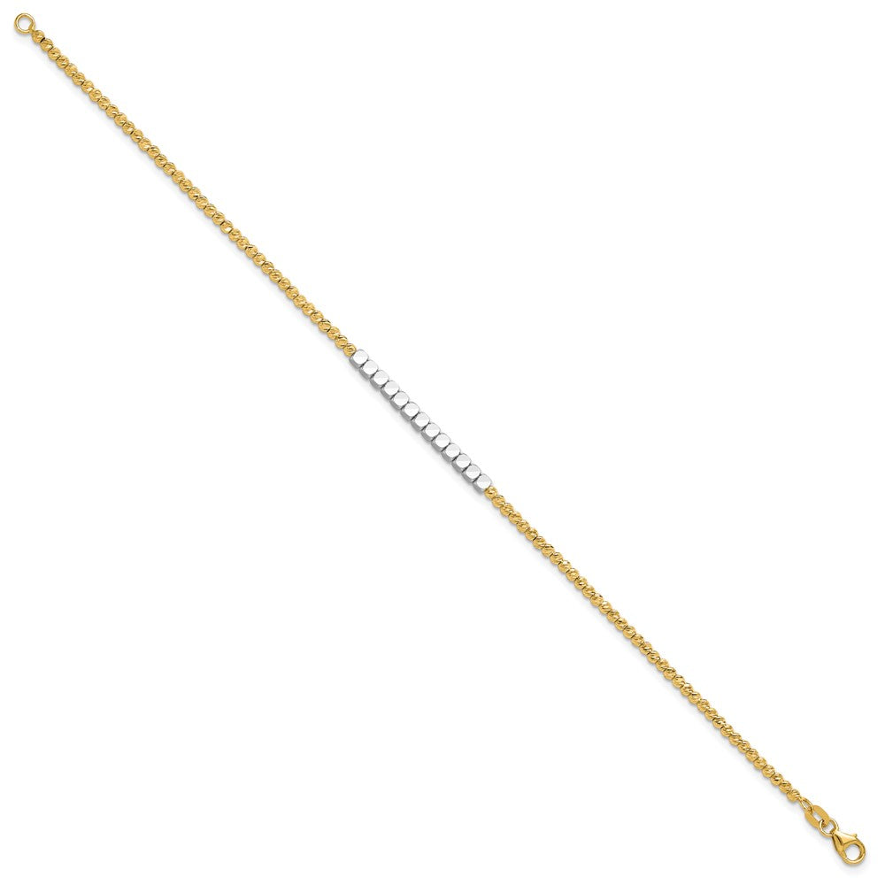 14K Bicolor Gold Bicolor Diamantiert Quadratisch und Rund Gekugelt 7.5 Zoll Armband