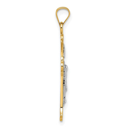 14K Gelbgold mit Rhodium Poliert Fleur De Lis Inri Kruzifix Kreuz Anhänger