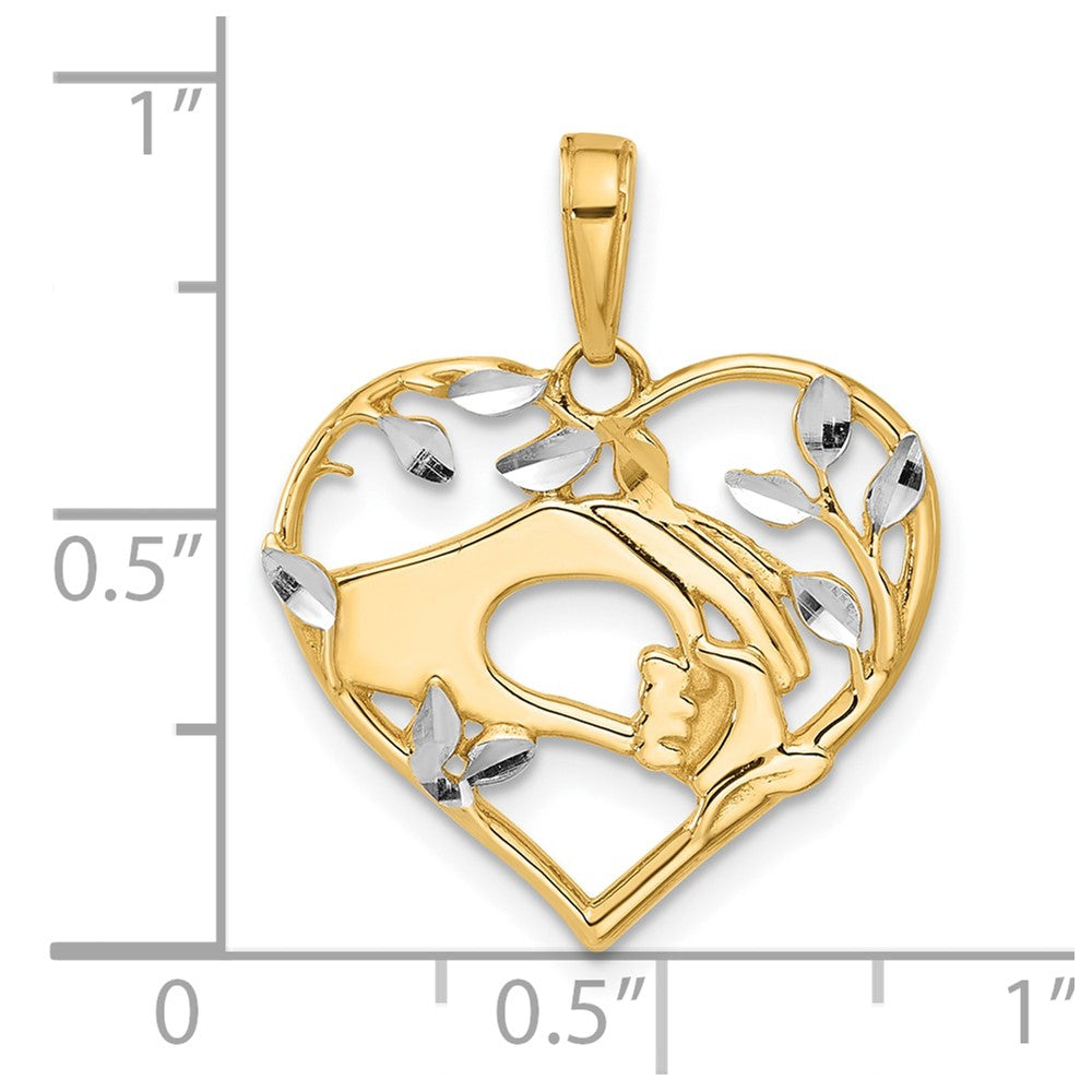 Diamantierter Anhänger „Mutter- und Kind-Hände im Herz" aus 14K Gelbgold und Rhodium