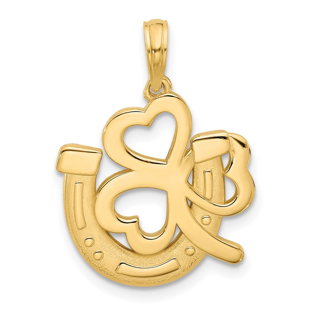 14K Gelbgold Hufeisen- und Kleeblatt-Charm, poliert und satiniert
