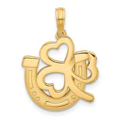 14K Gelbgold Hufeisen- und Kleeblatt-Charm, poliert und satiniert