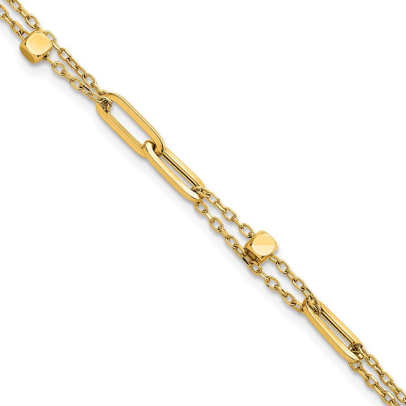 14K Gelbgold Poliert und Gekugelt 2-strand mit Fantasie Büroklammer Glieder Gliederarmband