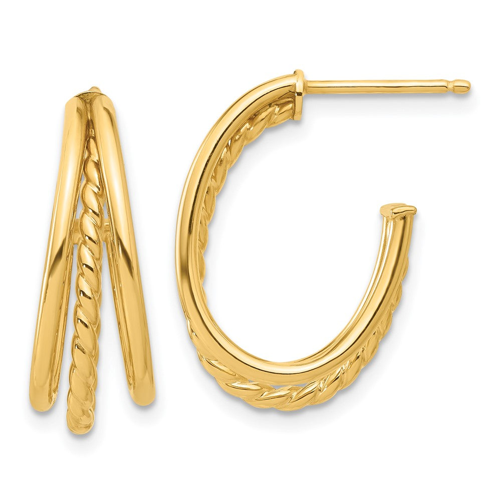14K Gelbgold Poliert und Gedreht Oval Multi Reihe J-hoop Ohrstecker
