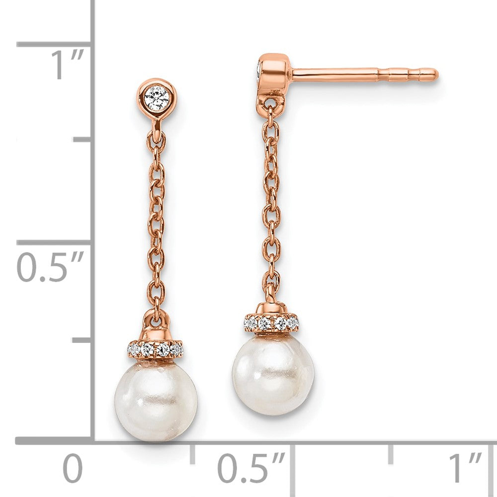 14K Roségold Ohrhänger mit Kette und Stecker, poliert, 0,1 ct. Diamant und weißer Süßwasser-Zuchtperle