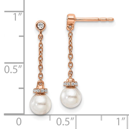 14K Roségold Ohrhänger mit Kette und Stecker, poliert, 0,1 ct. Diamant und weißer Süßwasser-Zuchtperle