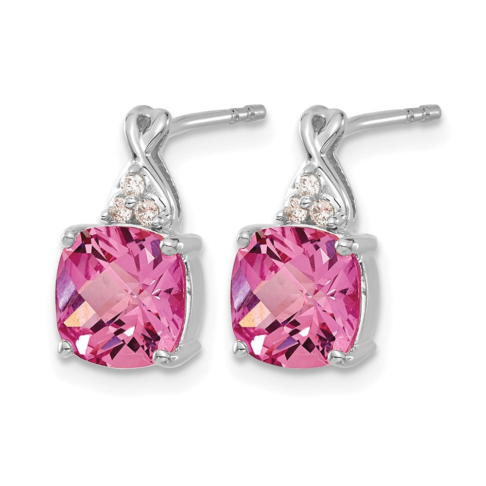 14K Weißgold Ohrstecker mit 7-mm-Kissenschliff-Karomuster-Oktober/im Labor gezüchtetem Pink-Saphir und Diamant