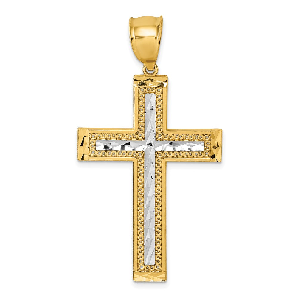 14K Gelbgold und Rhodium Poliert Diamantgeschliffener Strukturierter Fancy Lateinisches Kreuz Anhänger